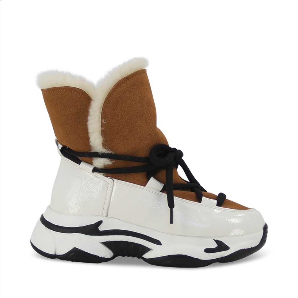 Fur Lined Thick Sole Winter High Top Sneaker in Brown Faux Suede, Women’s